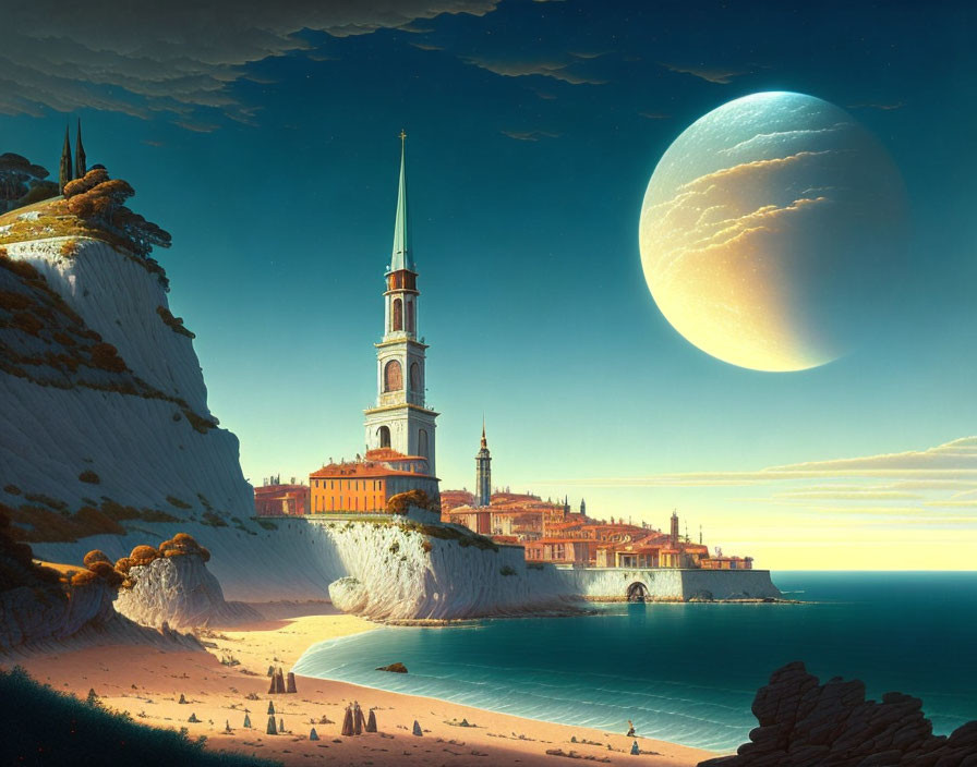 Coastal city with classical architecture under a large moon, serene beach, and blue waters