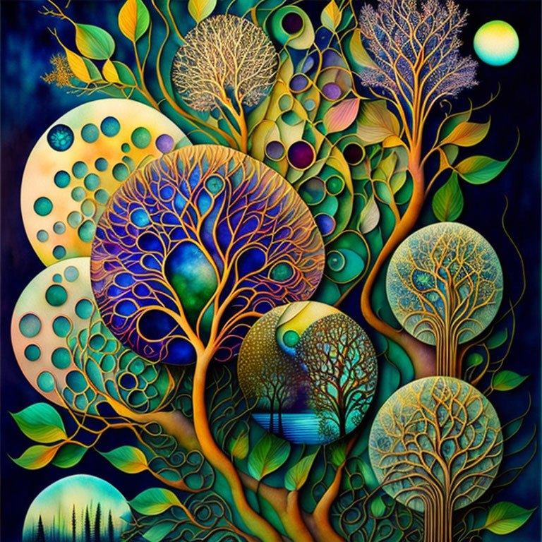 Colorful Fantastical Forest Artwork with Celestial Elements