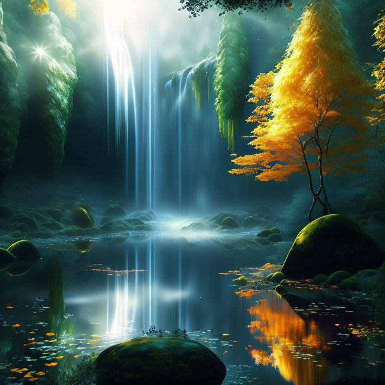 Tranquil forest waterfall with sunlight rays and vibrant trees