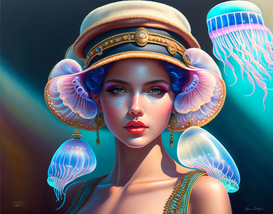 Vibrant digital artwork of woman with jellyfish-inspired makeup and hat