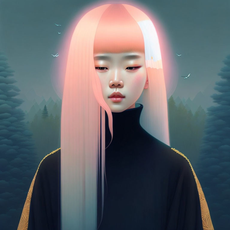 Digital illustration: Person with pastel pink hair in black turtleneck, serene expression, forest backdrop