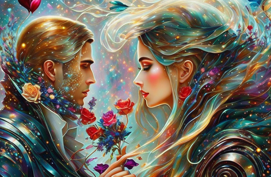 Colorful fantasy illustration: Man and woman in cosmic swirl