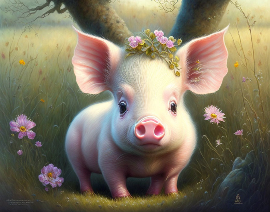 Adorable piglet with flower crown in enchanting forest scene