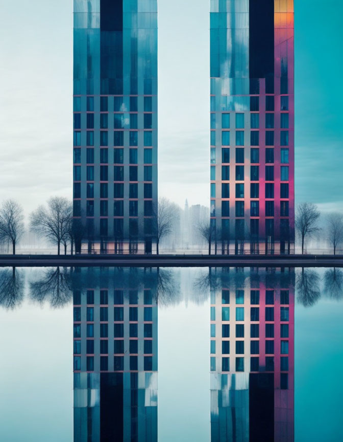 Modern buildings with colorful facades mirrored on tranquil water at twilight