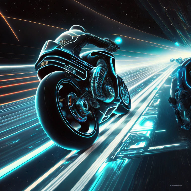 Futuristic glowing motorcycle on neon digital racetrack