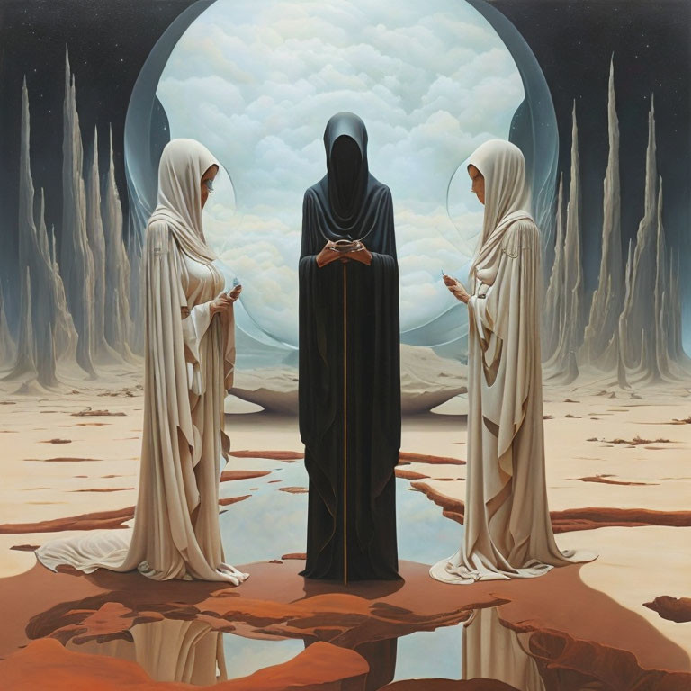 Mysterious robed figures in desolate landscape with tall spires