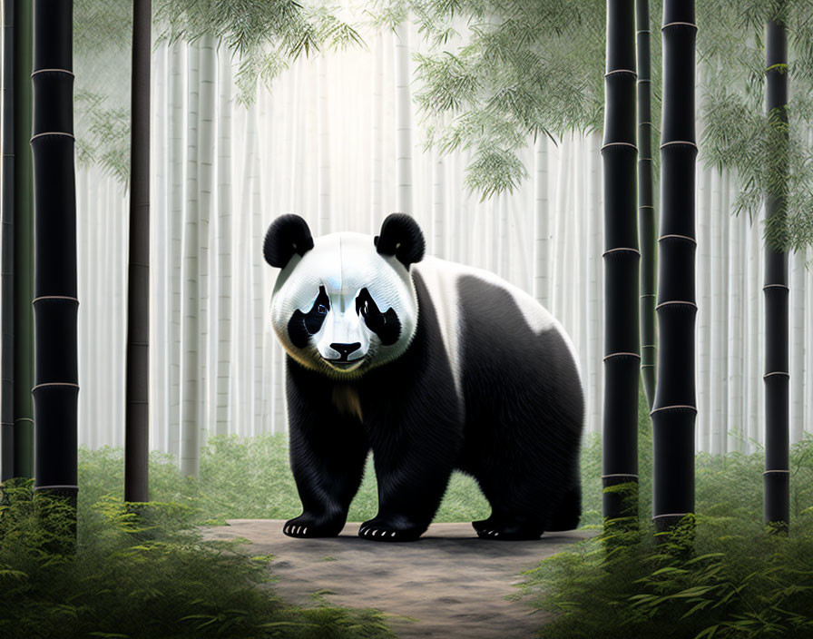 Panda bear in lush bamboo forest with sunlight filtering through stalks