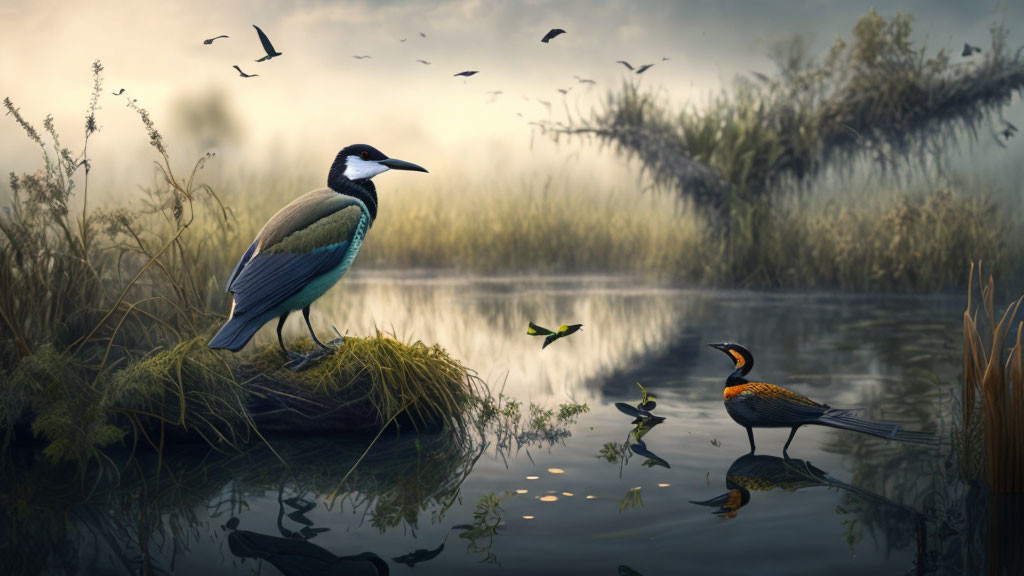 Surreal artwork: kingfisher on mound by tranquil lake with reflections