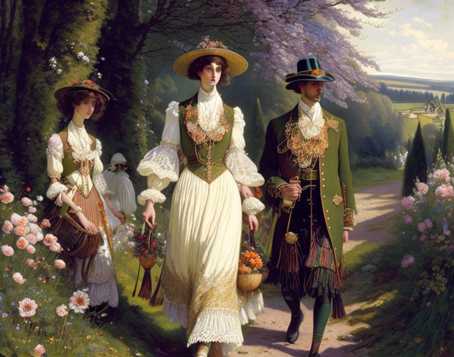 Three people in 18th-century clothing walk in a picturesque countryside scene