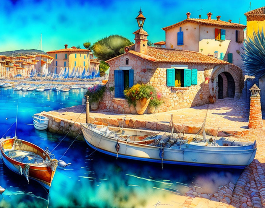 Colorful waterfront scene with boats and clear blue sky