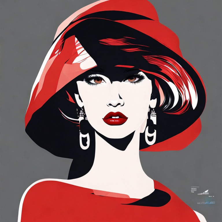 Stylized portrait of woman with bold red lips, hat, and earrings