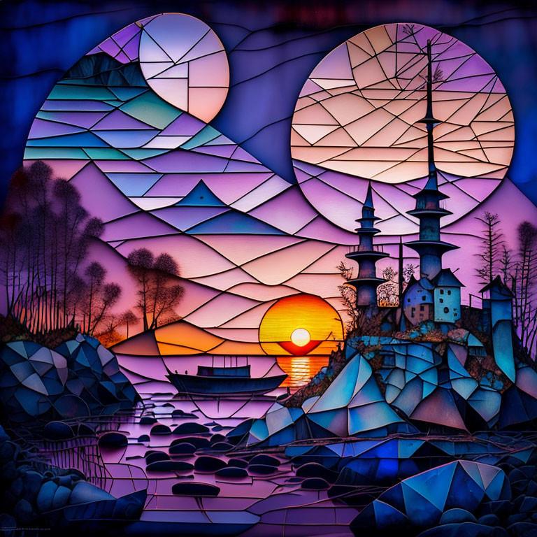 Colorful Sunset Artwork with Lighthouse, Boat, and Trees in Mosaic Style