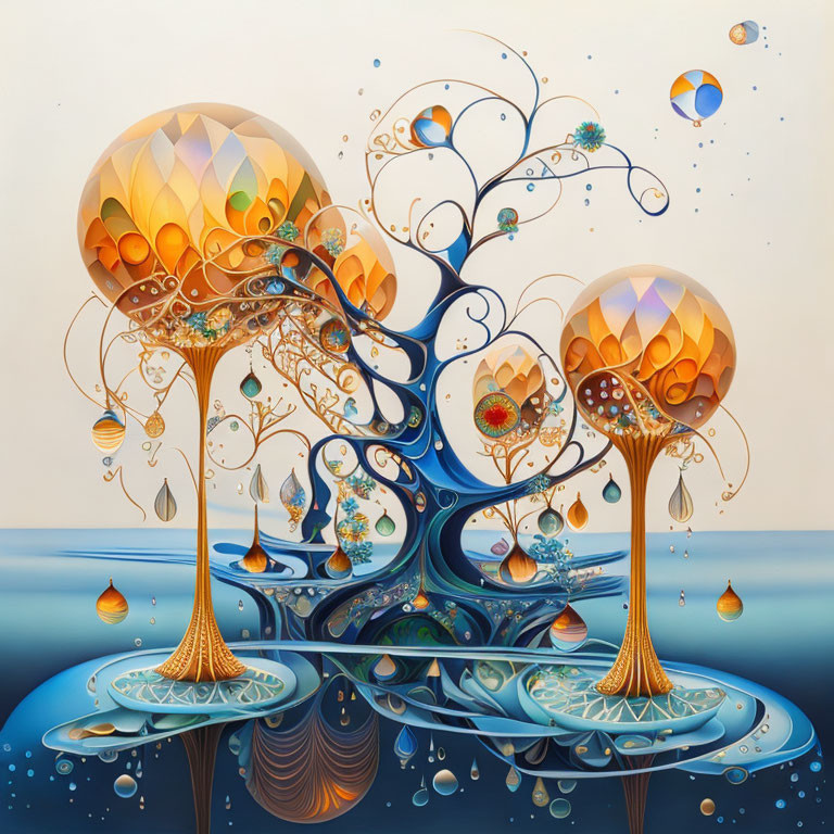 Abstract painting: Stylized trees with radiant canopies over reflective water.