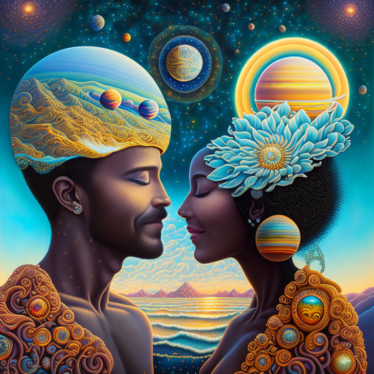 Stylized painting of man and woman in profile with cosmic elements