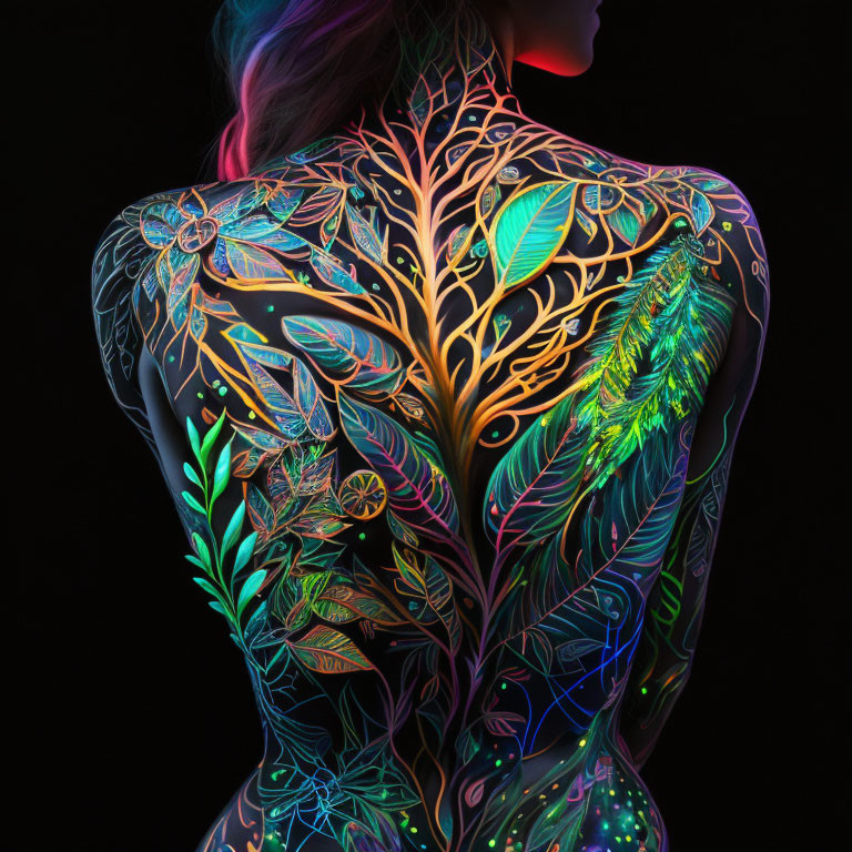 Colorful neon back painting with leaves, feathers, and floral patterns