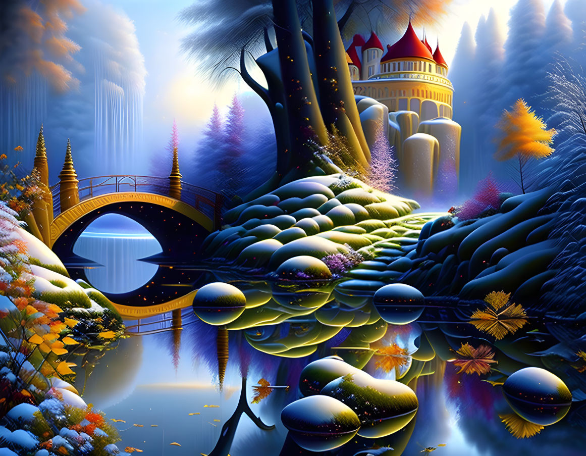 Fantasy landscape with castle, bridge, lush trees, water reflection, colorful flora