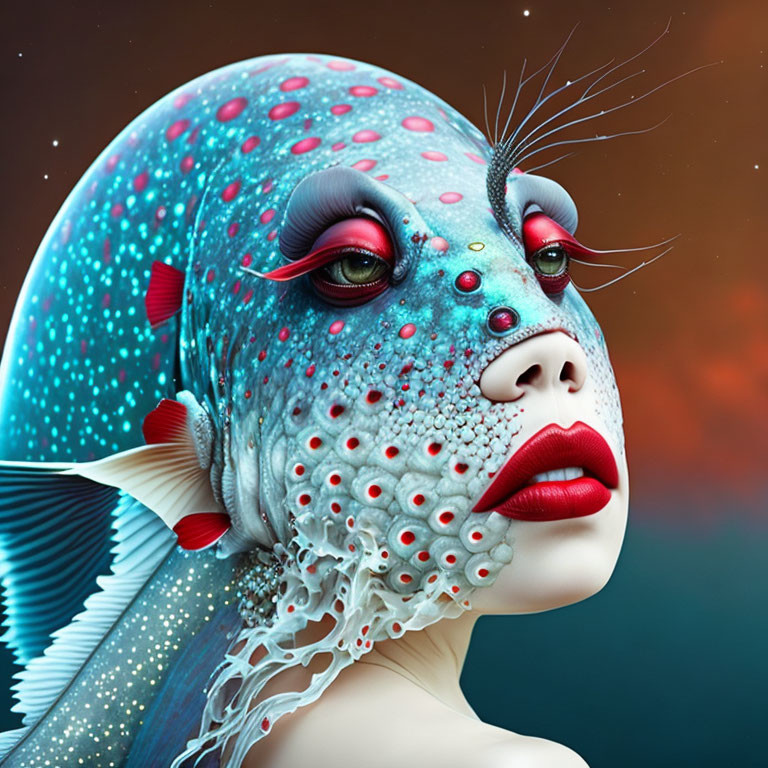 Digital artwork: Woman with fish-like features, vibrant blue and red skin, fin-like ears, red