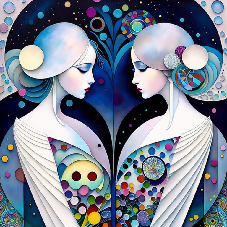 Stylized female figures in cosmic setting with colorful circles