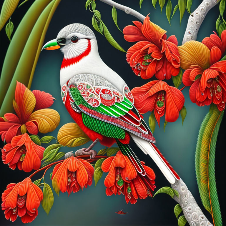 Colorful bird with intricate plumage on branch with flowers & leaves