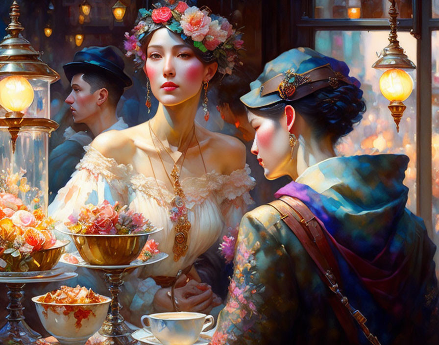 Illustrated woman in floral hat gazes pensively by window with glowing lamps and vibrant flowers