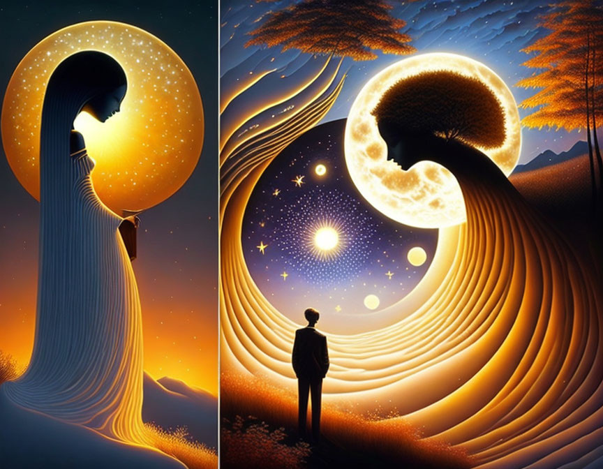 Surreal dual scene with stylized waves, moon, stars, person, and autumn trees