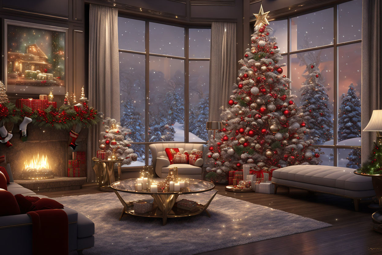 Festive Christmas interior with decorated tree, fireplace, gifts, and snowy view.