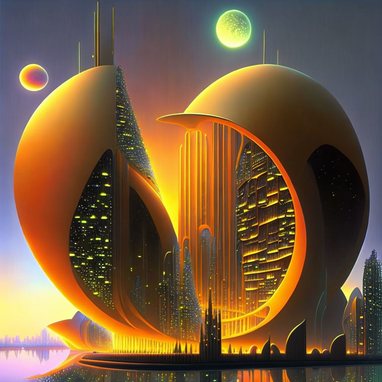 Futuristic cityscape at dusk: sleek, curved buildings, golden hues, glowing lights, reflective