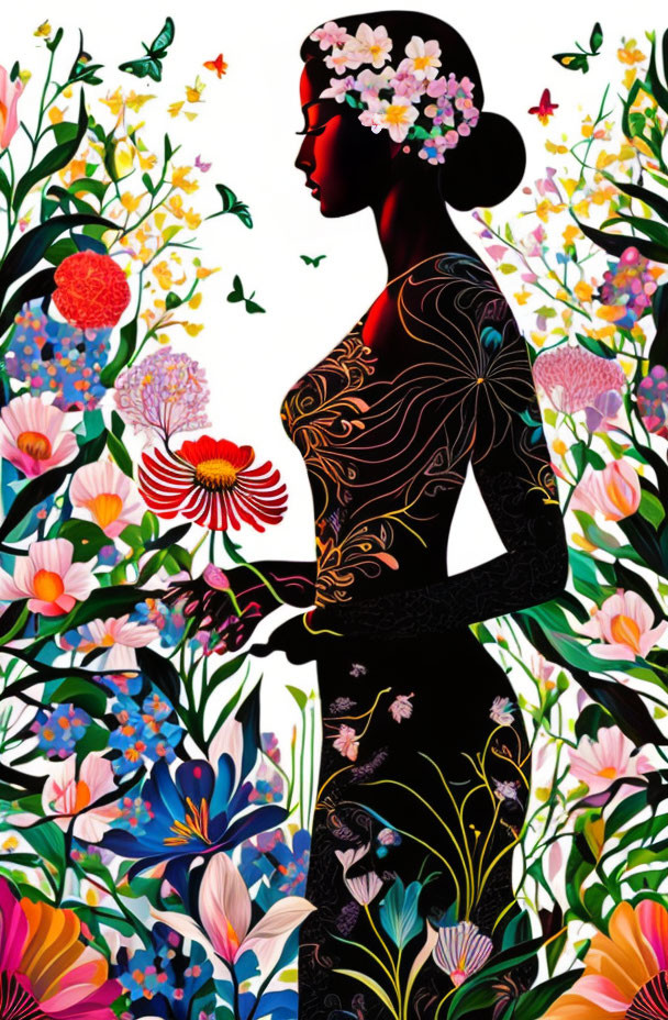 Colorful Floral Silhouette with Butterflies in Vibrant Illustration