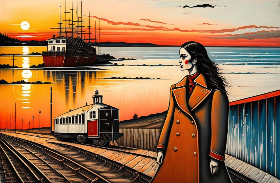 Stylized artwork of woman in red coat at sunset harbor with train, ship, lighthouse