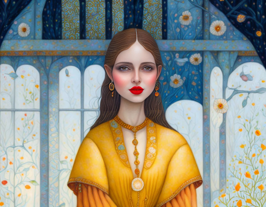 Stylized digital portrait of a woman in yellow dress with jewelry