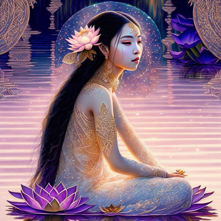 Illustration of woman on water lily with glowing halo in purple-lit pond