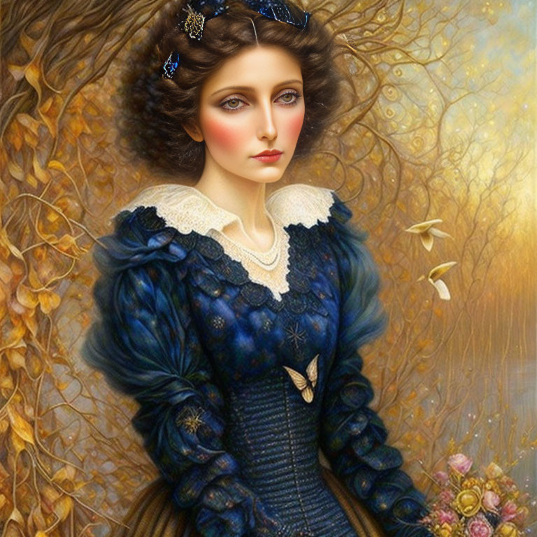 Victorian-style woman in blue dress with curly hair against autumn backdrop.