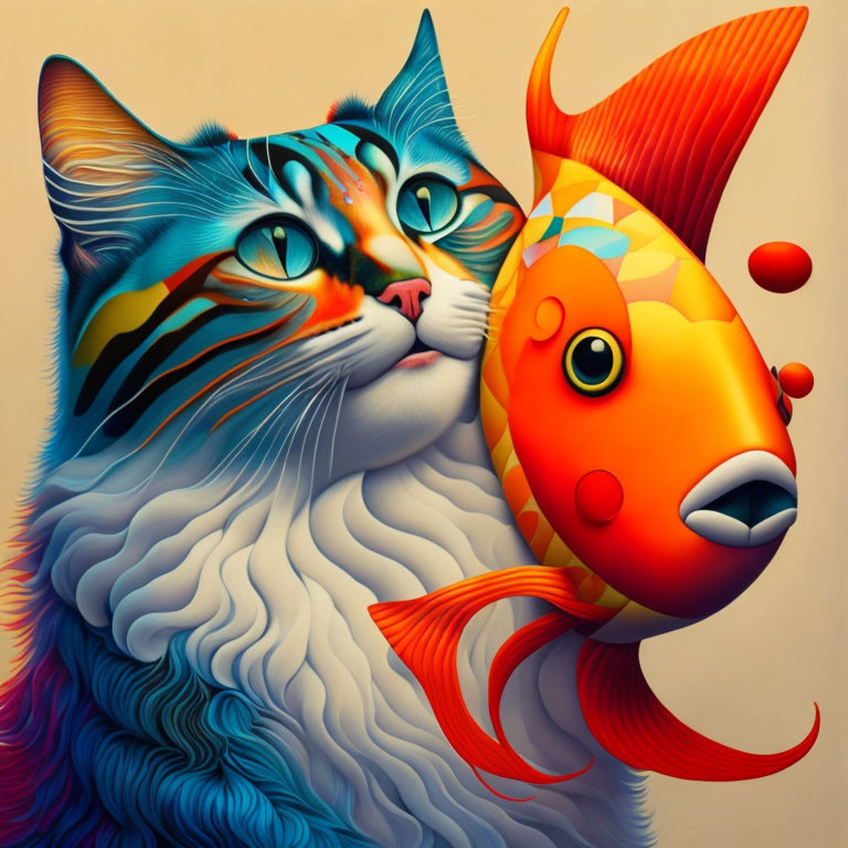 Colorful Cat and Orange Fish Digital Artwork on Warm Background