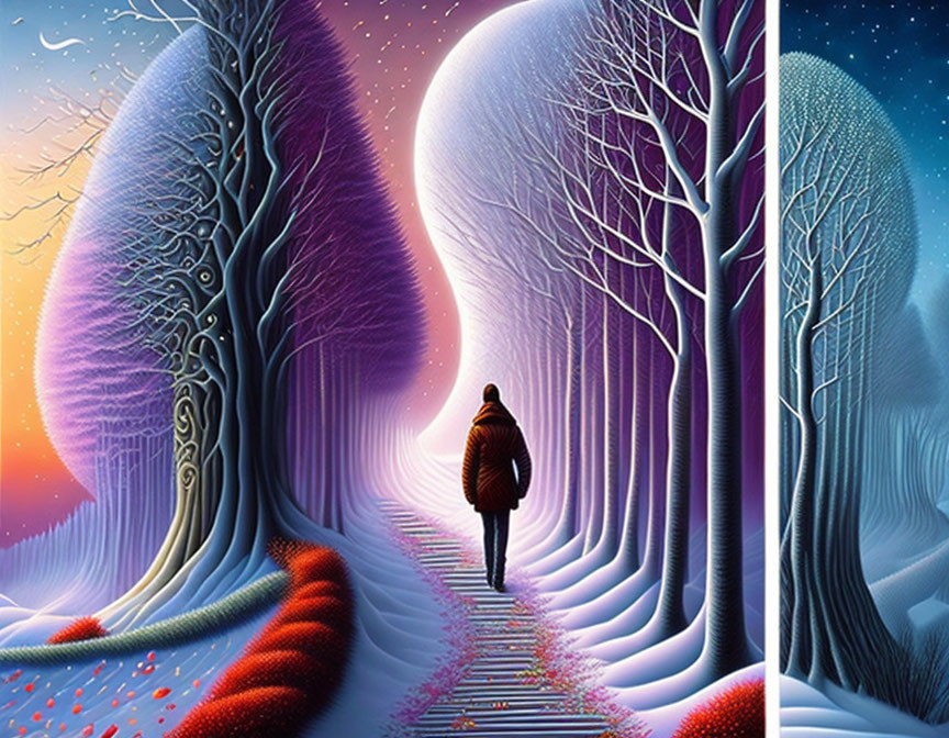 Person walking on path between surreal autumn and winter worlds