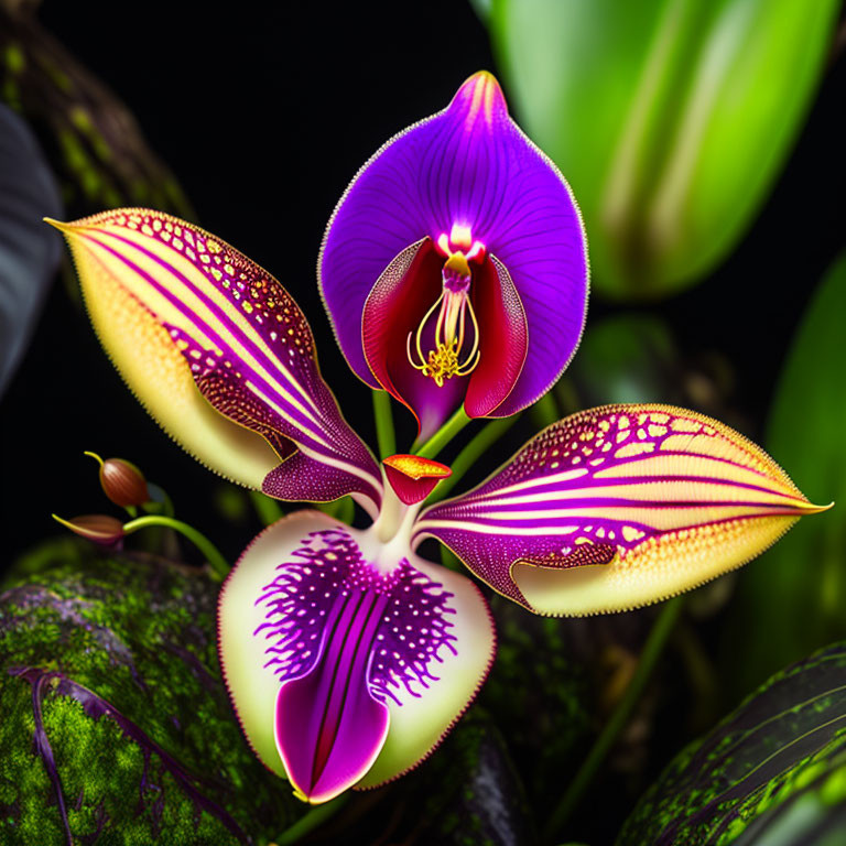 Vibrant Purple and Yellow Orchid on Dark Background