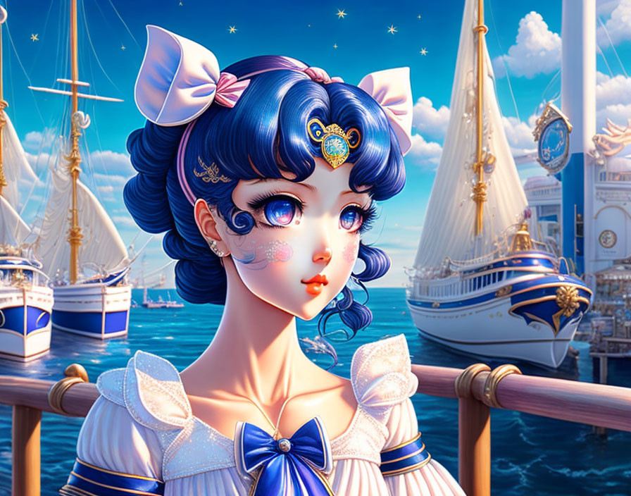 Illustration of girl with blue hair and cat ears in nautical dress by harbor