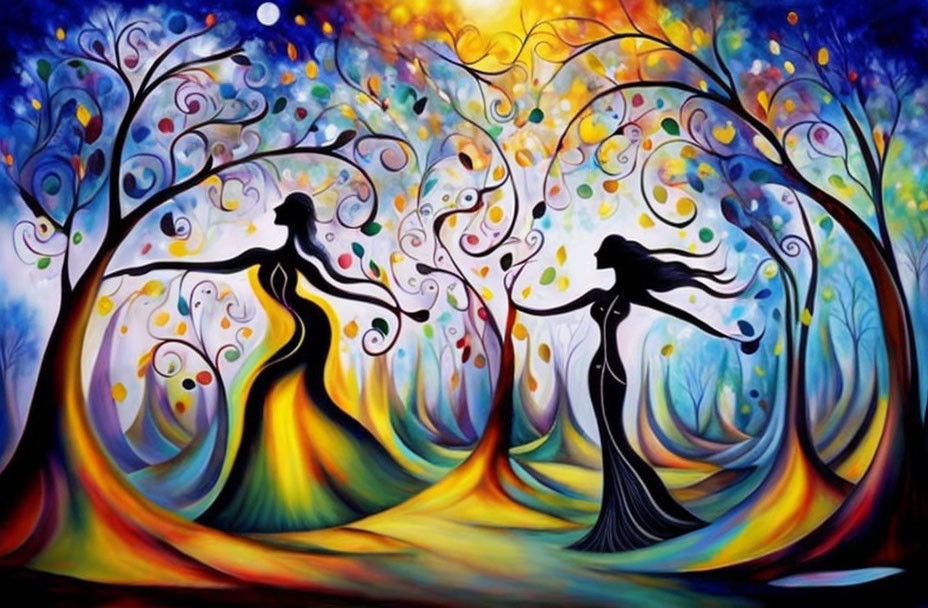 Colorful painting of two women merging with tree shapes in a fantasy forest