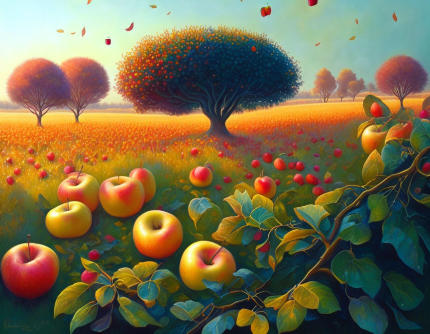 Colorful painting of apple trees in a field with floating apples