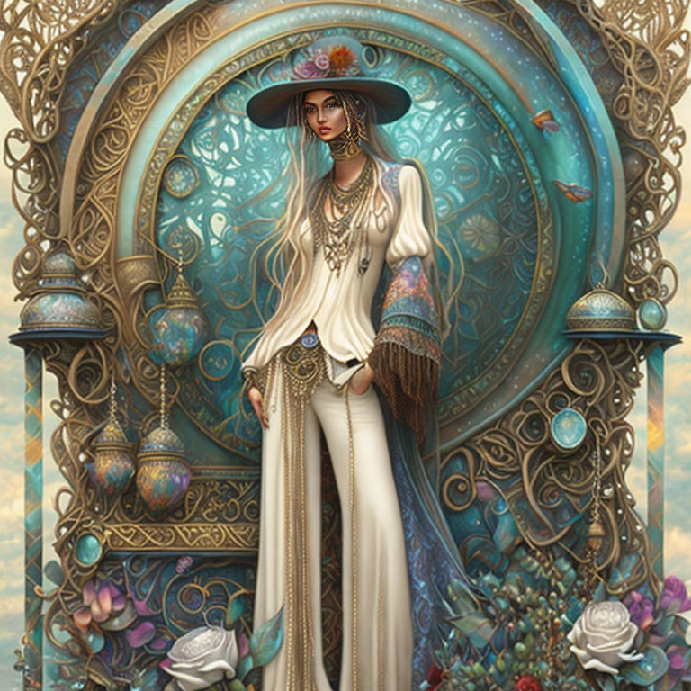 Stylish woman in wide-brimmed hat and bohemian attire with ornate backdrop.