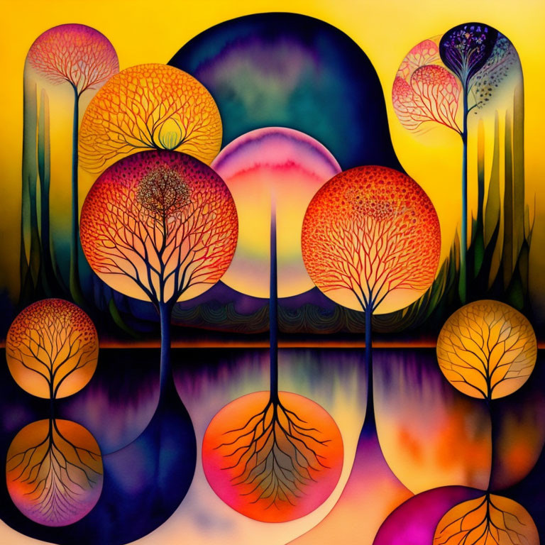 Colorful artwork: Stylized trees reflecting in water against gradient sky