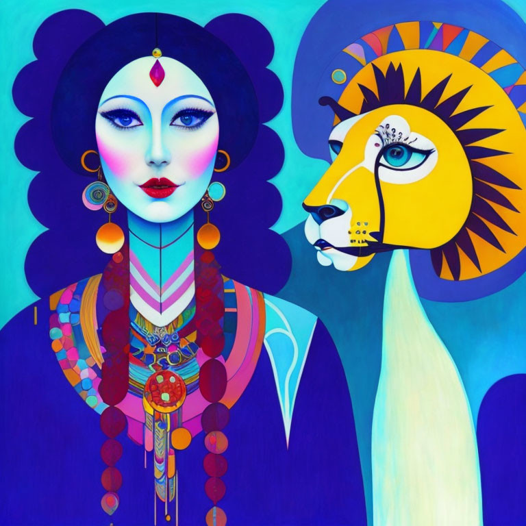 Vivid woman and lion illustration with stylized features and colorful jewelry on blue background