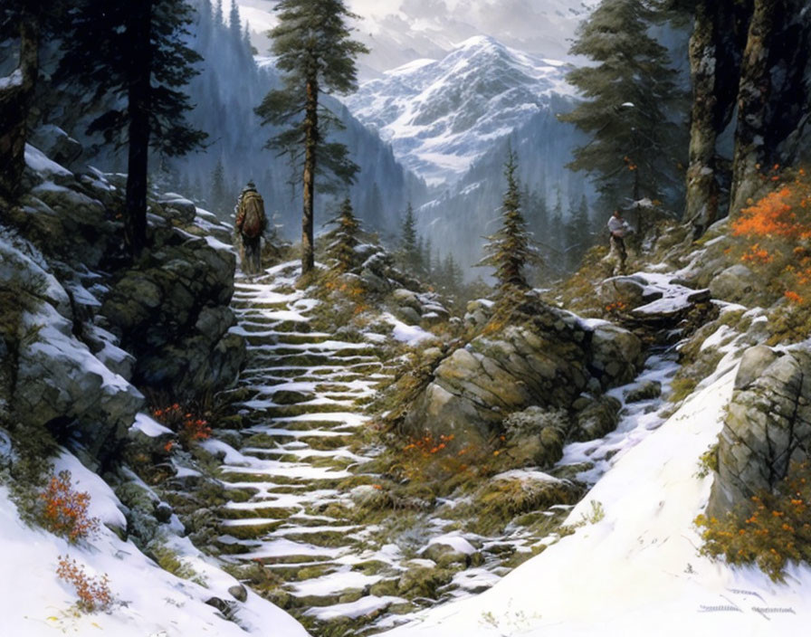 Snowy mountain path with hikers and evergreen trees in sunlight