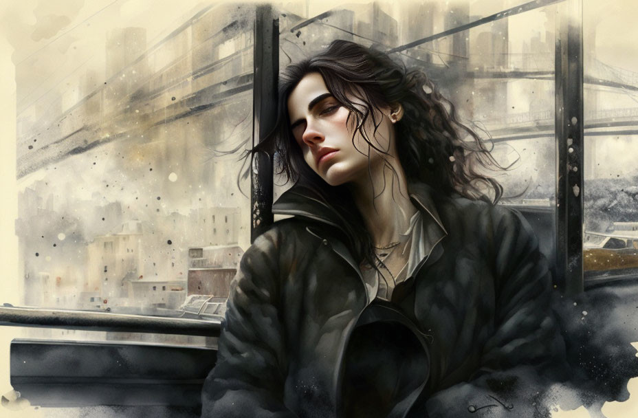 Pensive woman with dark hair in black coat against cityscape and bridge.