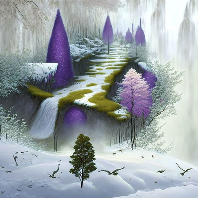 Purple Glowing Trees in Snowy Winter Scene with Waterfall and Birds