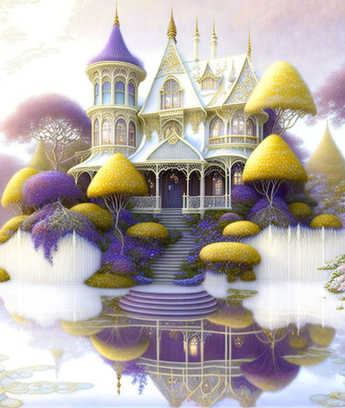 Whimsical purple and yellow castle in fantastical setting