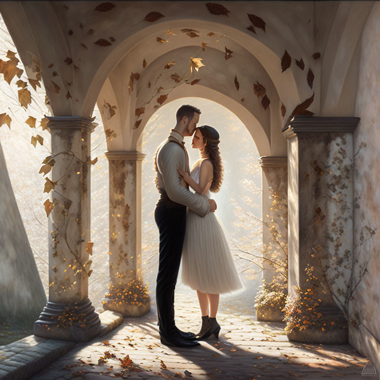 Romantic couple embracing in sunlit arched corridor with falling autumn leaves