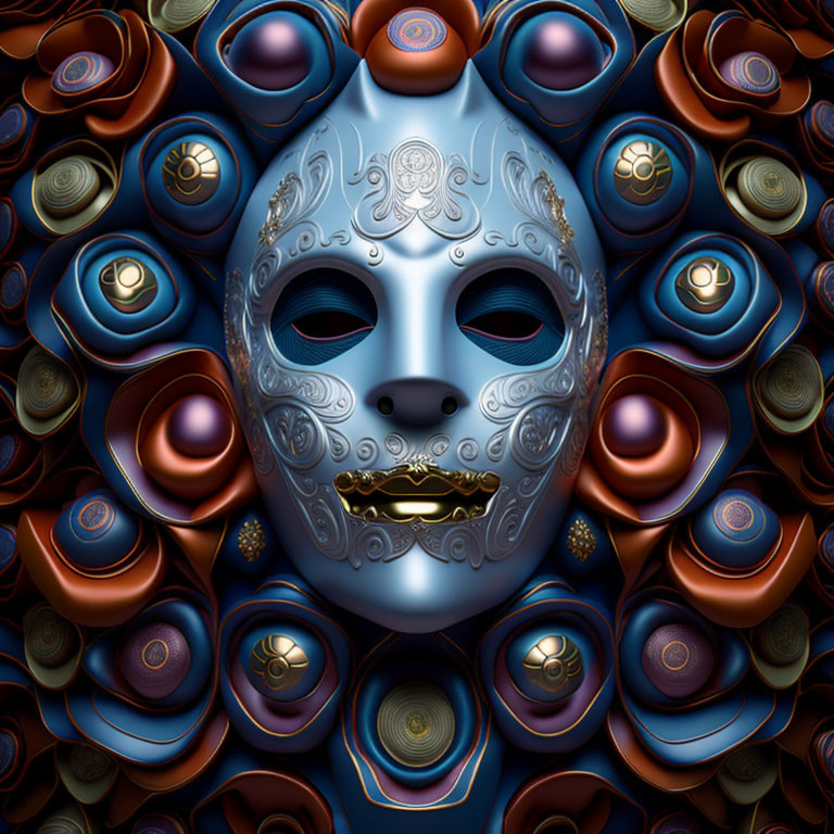 Blue ornate mask with golden lips surrounded by colorful, petal-like circles.