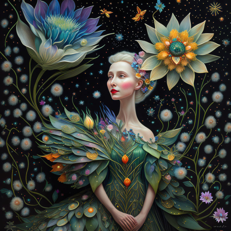 Stylized portrait of pale-skinned woman with vibrant floral and celestial elements