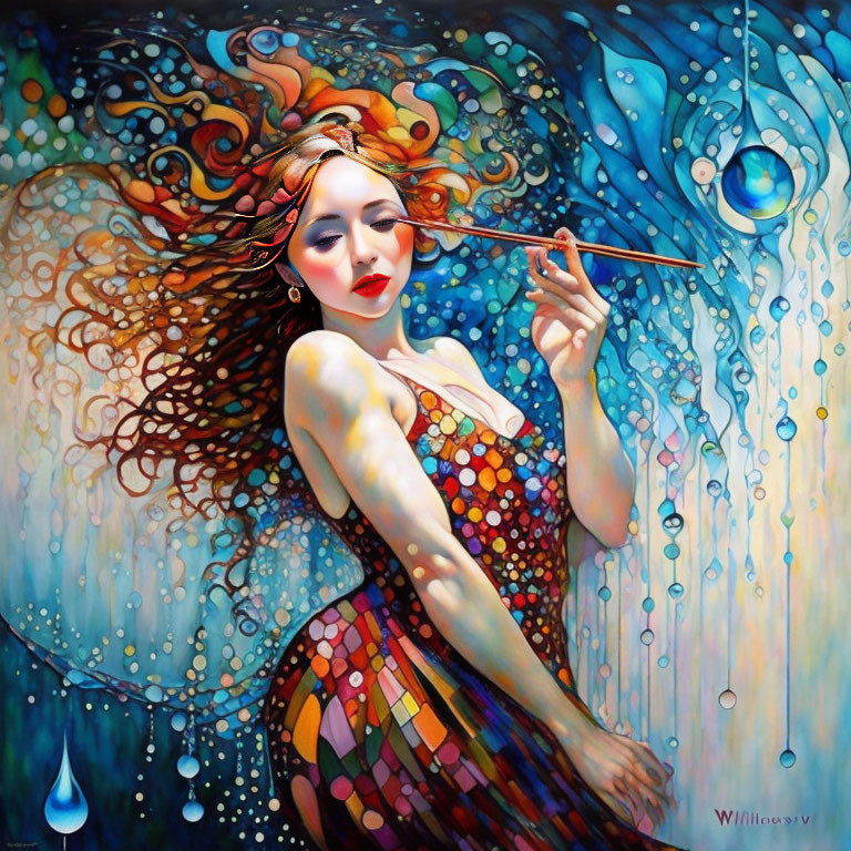 Colorful painting of woman with flowing hair and paintbrush surrounded by whimsical bubbles