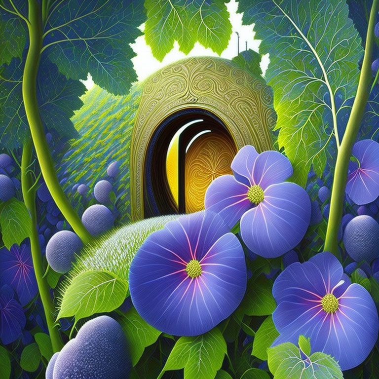 Colorful digital artwork of lush green foliage, vivid blue flowers, and a whimsical golden portal.